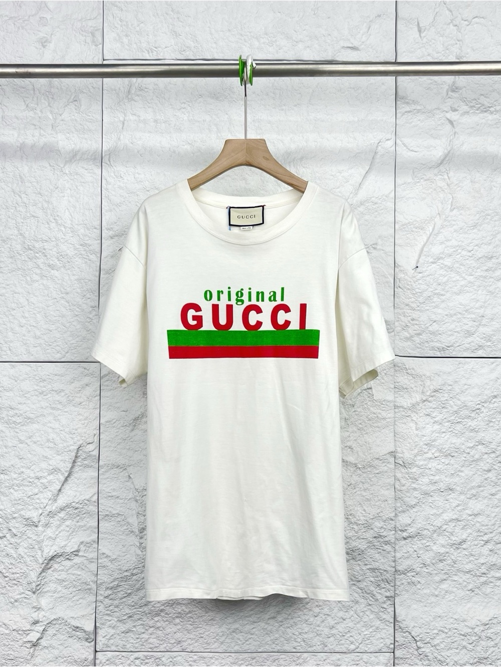 🚩steal Gucci White T-Shirt with Red and Green 'Original Gucci' Logo